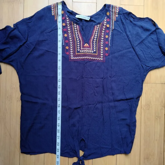 LC Waikiki Casual Embroidered Navy Boho Slit 3/4 Sleeves Blouse Women's Size M - Picture 15 of 15